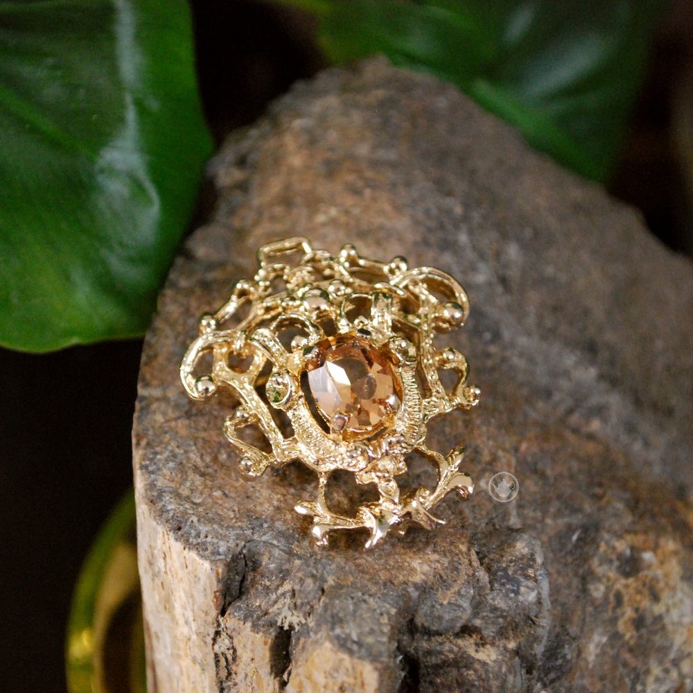 RARE - Sarah Coventry Signed Champagne Glass Gold Plated Pendant & Brooch